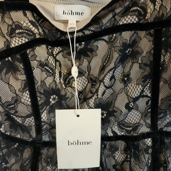 Bohme Black Lace Ribbon Strap Midi Dress, Beige Lining, Ruffle Hem, Size XS, NWT - Picture 13 of 16